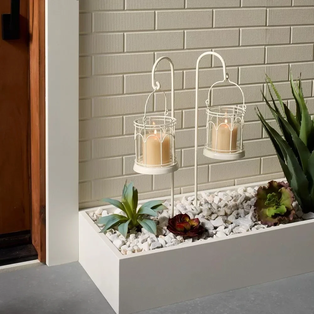 Hearth & Hand 2ct Outdoor Stake Candle Lantern‎ Powder Coated Finish White NIB